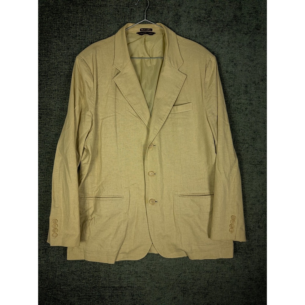 Andrew Fezza Linen Blend Sport Coat Blazer Mens L Tan Khaki‎ Lined 3-Button